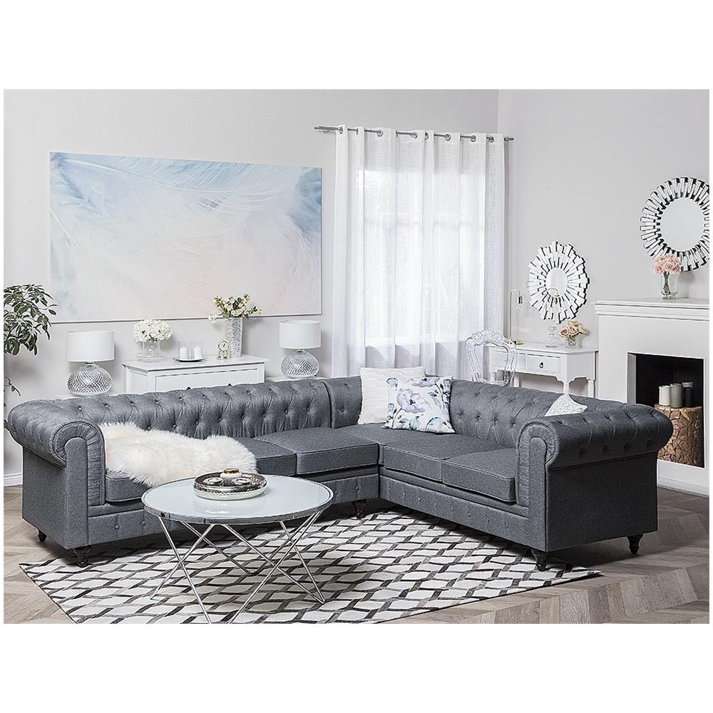 Divano Angolare Vintage In Tessuto Grigio Versione Sinistra Chesterfield - Foto 2