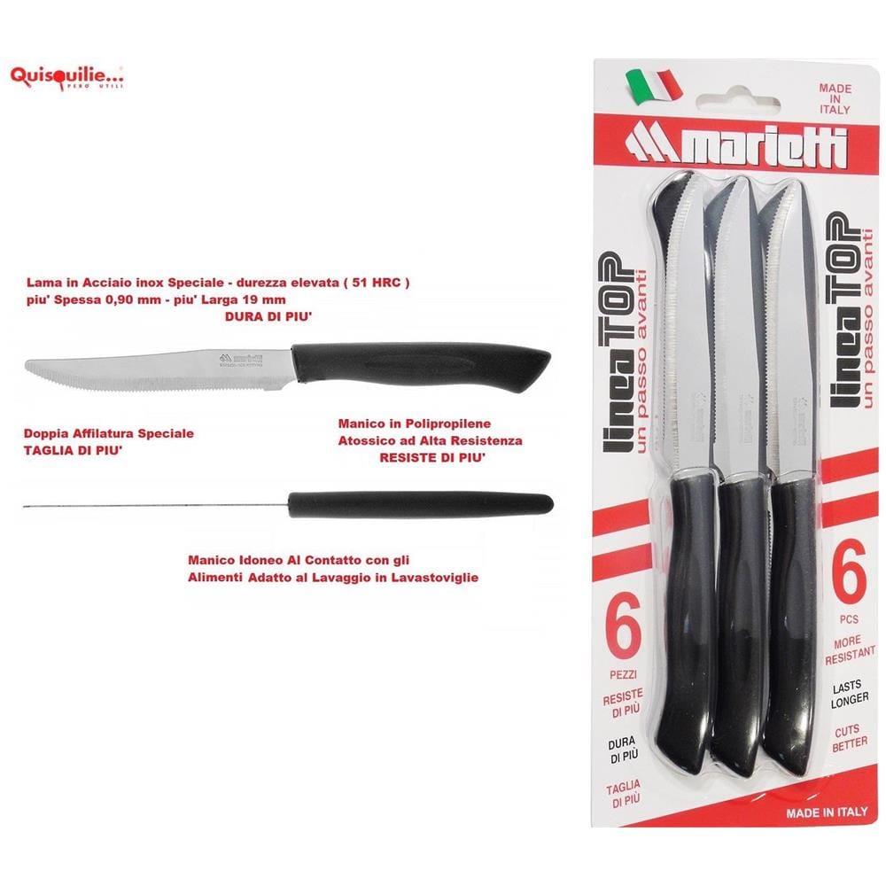 Marietti - Marob 6 Coltelli Tavola Top Con Seghetto 11 Cm Manico In Nylon Lama In Acciaio Inox 100% Made In Italy - Bistecca Nero - Foto 1