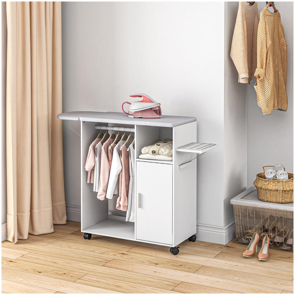 Mobile Asse Da Stiro Con Piano D'appoggio, 3 Ripiani A Cubo E Guida, 107x42.5x99cm, Bianco - Foto 2