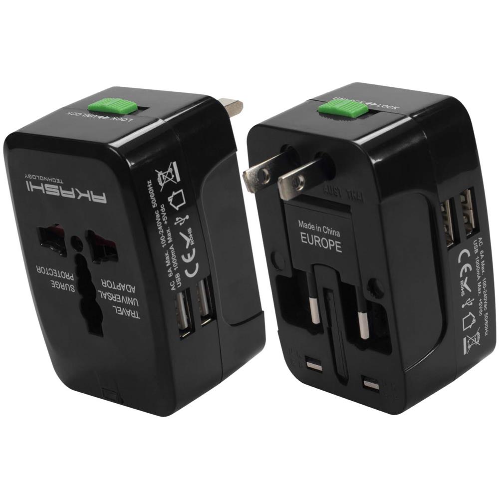 Adattatore Viaggio 2 Usb Presa Internazionale Uk, Usa, Aus, Nz, Eu, Nero - Foto 1