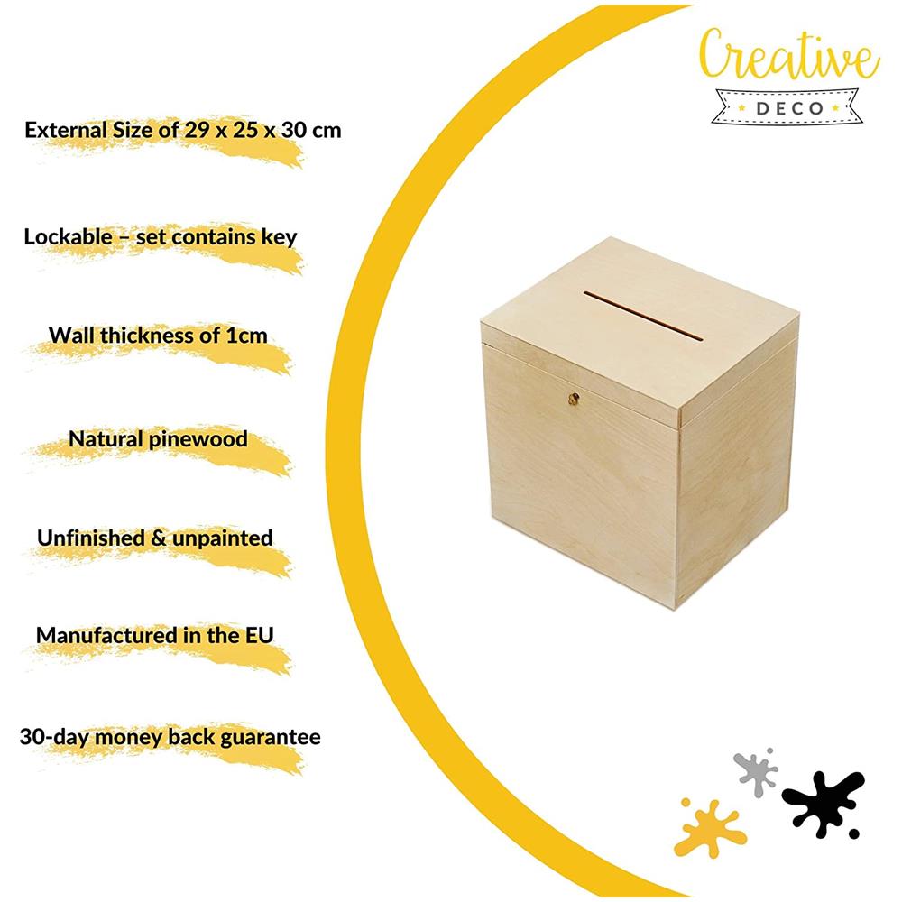 Scatola Porta Buste Legno, Matrimonio | 29 X 25 X 30 Cm | Grande Scatola Con Serratura Chiave Coperchio | Cassetta Conteniore Portaoggetti Portagiochi Cofanetto | Perfetta Per Decoupage - Foto 4