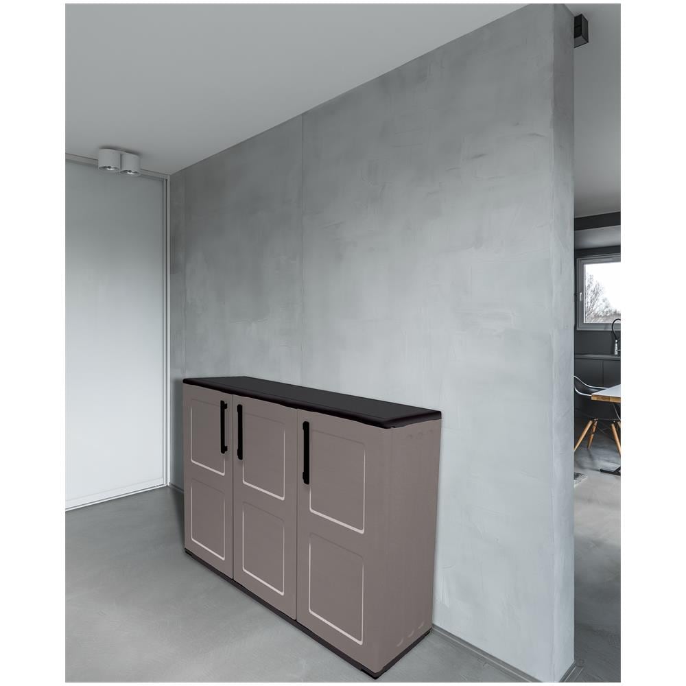 Armadio Da Esterno Gesves, Mobile Balcone Multiuso, Armadietto Outdoor 3 Ante, 100% Made In Italy, 102x37h84 Cm, Grigio E Nero, Finitura Quadri - Foto 1