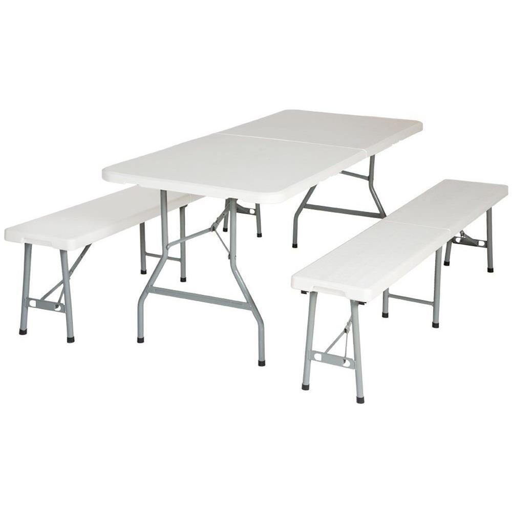 Set Tavolo Da Campeggio Giardino Con 2 Panche Pieghevole In Metallo E Pvc Bianco - Foto 3