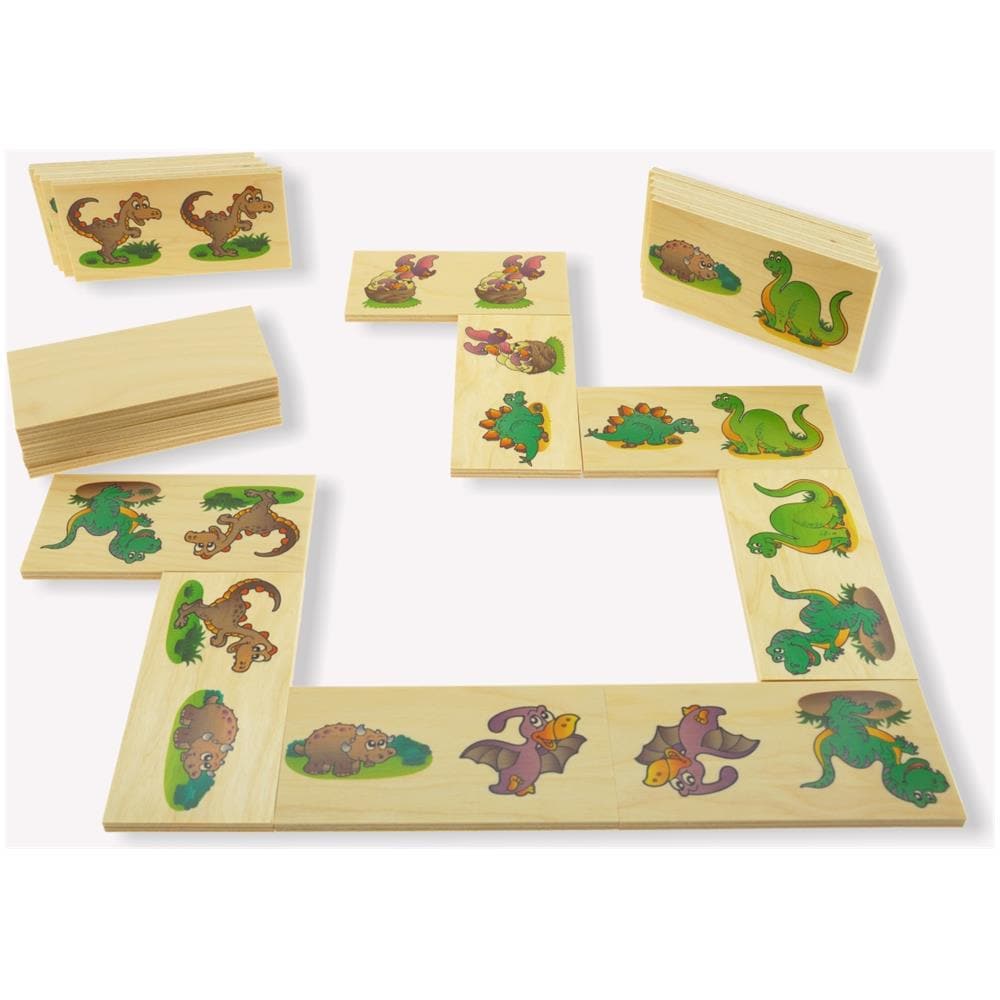 Domino Animali Del Passato. Dinosauri, Tirannosauro, Brontosauro Illustrati Nel Domino Gioco Da Tavolo Con Tessere E Scatola Di Legno Per Bambini. - Foto 2
