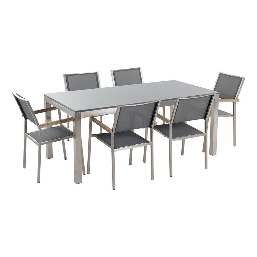 Set Di Tavolo E 6 Sedie Da Giardino In Acciaio, Granito E Fibra Tessile Grigia- Piano Singolo- Grigio Lucido - 180cm - Grosseto - Foto 1