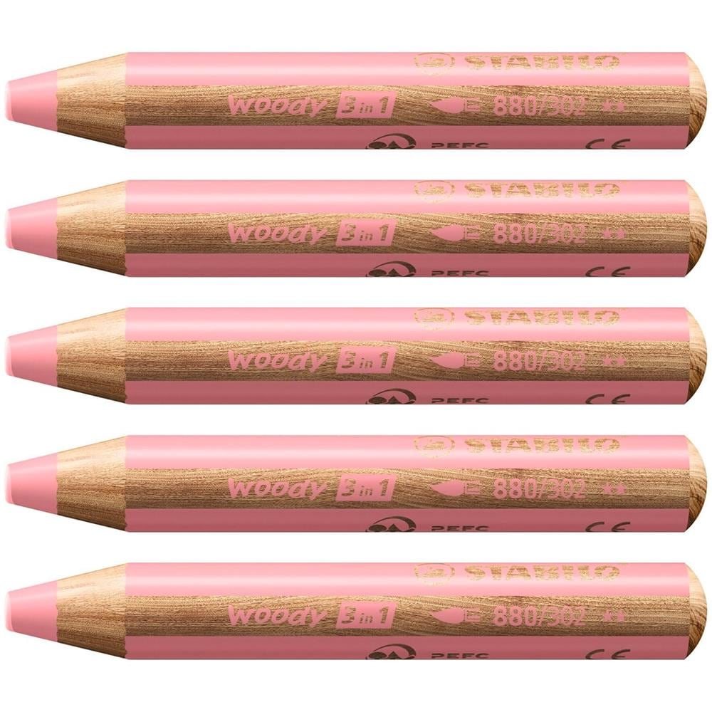 woody 3 in 1 - Matita colorata Multi-Funzione - Confezione da 5 - Rosa pastello - Foto 1
