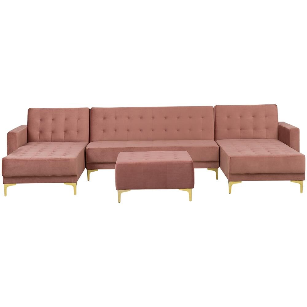 Divano A Forma Di U Con Ottomana Aberdeen Rosa Velluto Simmetrico - Foto 1