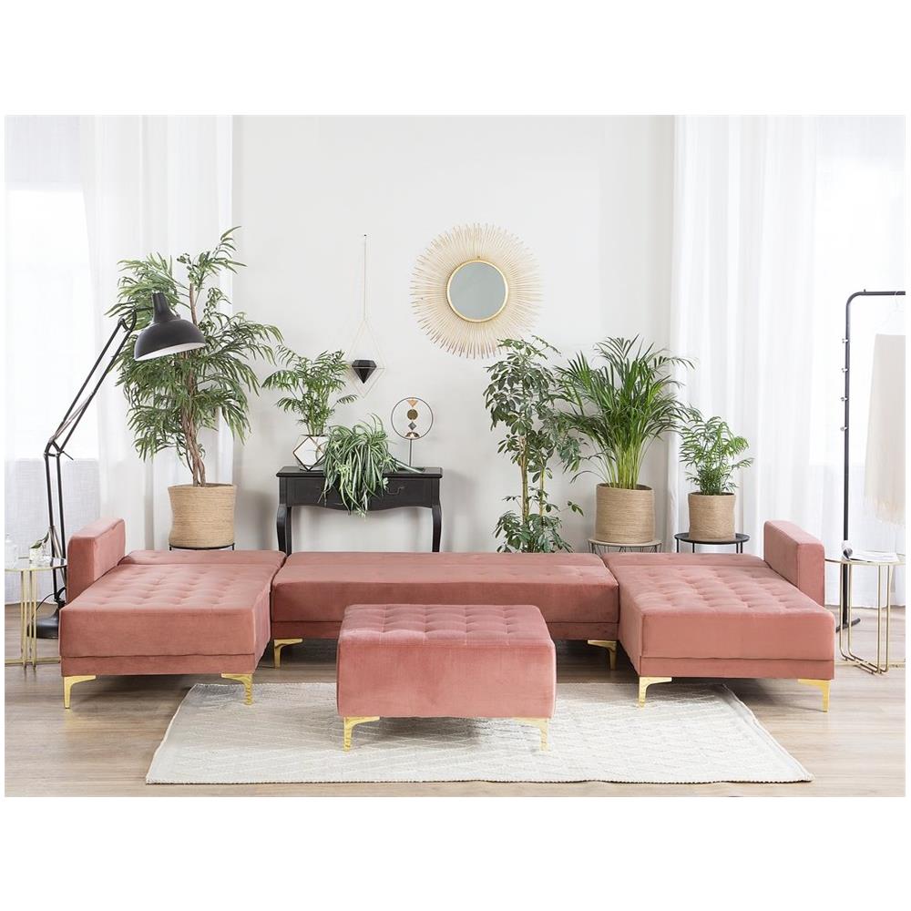 Divano A Forma Di U Con Ottomana Aberdeen Rosa Velluto Simmetrico - Foto 2