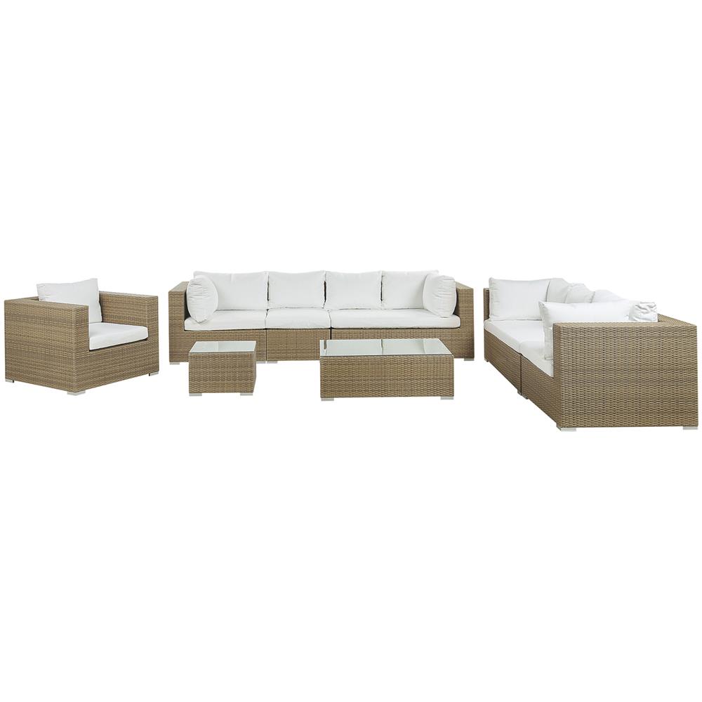 Set Lounge In Rattan Marrone Chiaro A 8 Posti Cuscini Bianco Crema Maestro Ii - Foto 1