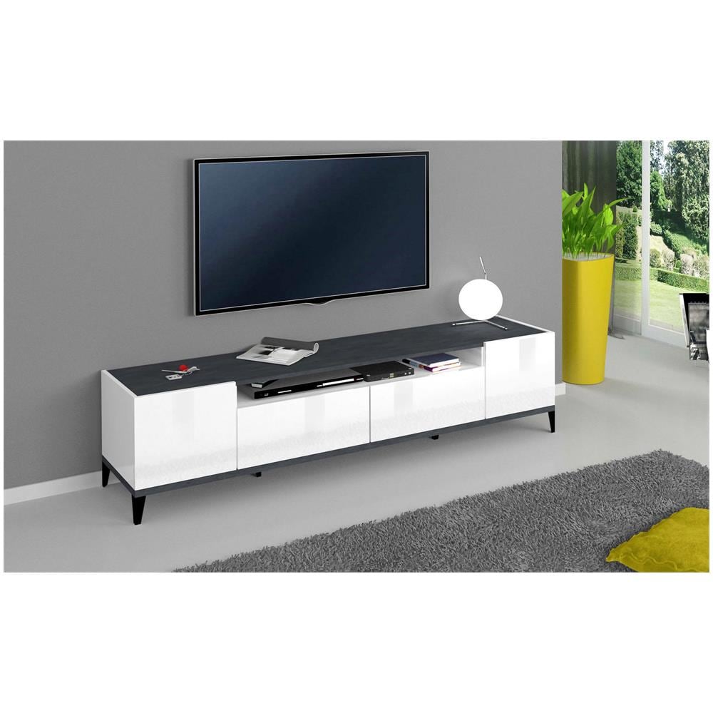 Mobile Porta Tv Raffaele, Credenza Bassa Da Soggiorno A 2 Ante, Base Porta Tv, 100% Made In Italy, Cm 200x40h47, Bianco Lucido E Ardesia - Foto 1
