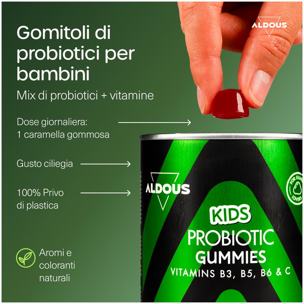 Probiotici con vitamine per bambini in gummies Aldous | 120 caramelle gommose naturali al gusto di ciliegia - Foto 2