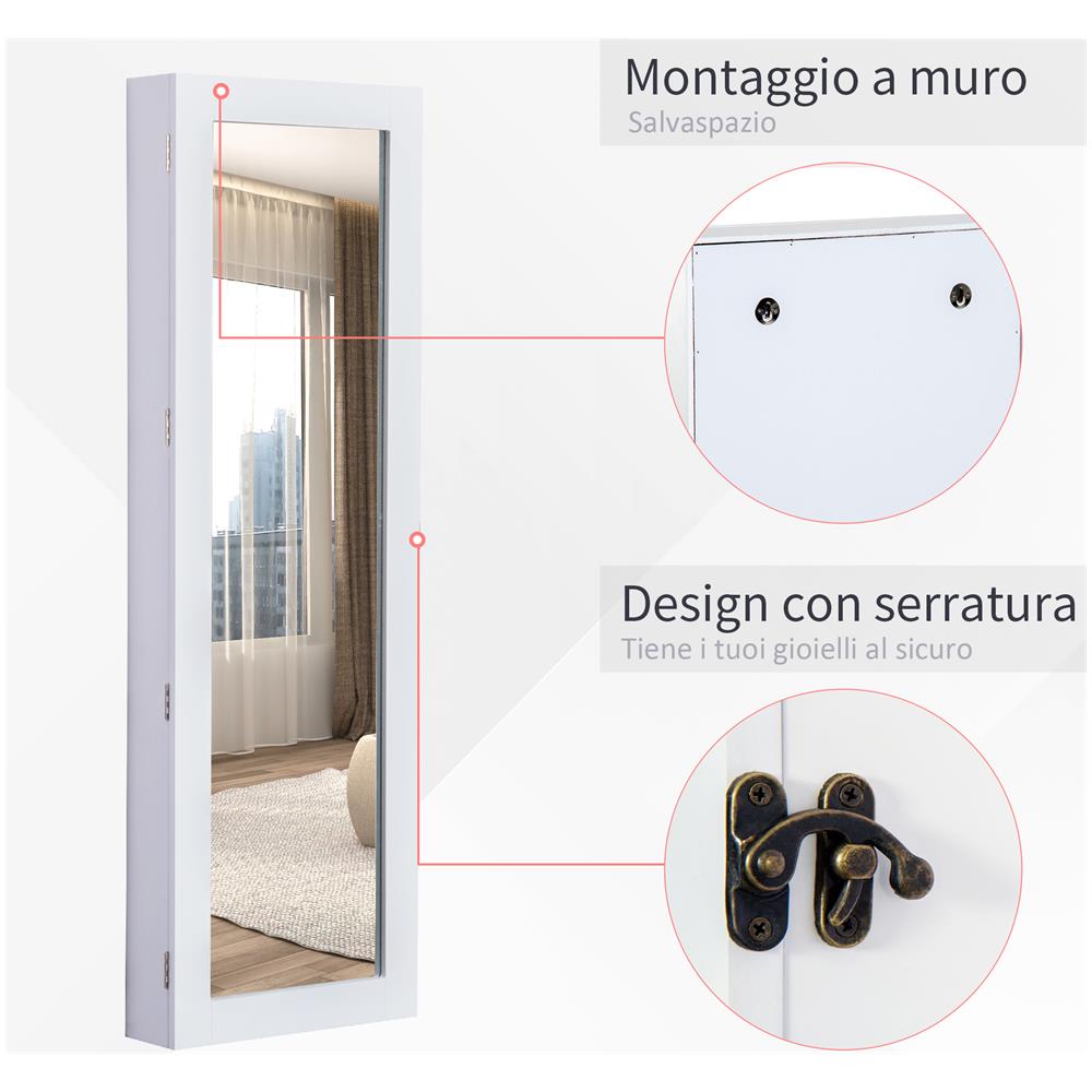 Specchiera Armadio Portagioielli Da Parete In Legno Mdf, Bianco, 37x9.5x112cm - Foto 2