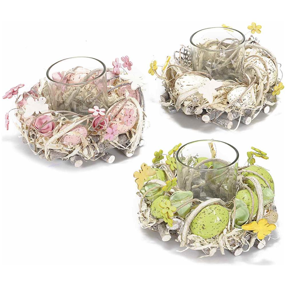 Centrotavola Pasquale Con Portacandela Con Uova Colorate E Fiori Set Da 3 Idea Regalo Pasqua - Foto 1