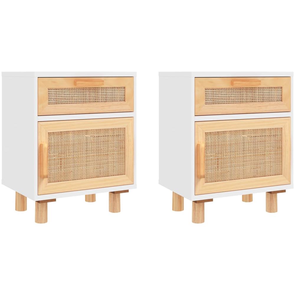 Comodini 2 Pz Bianchi Legno Massello Di Pino E Rattan Naturale - Foto 1