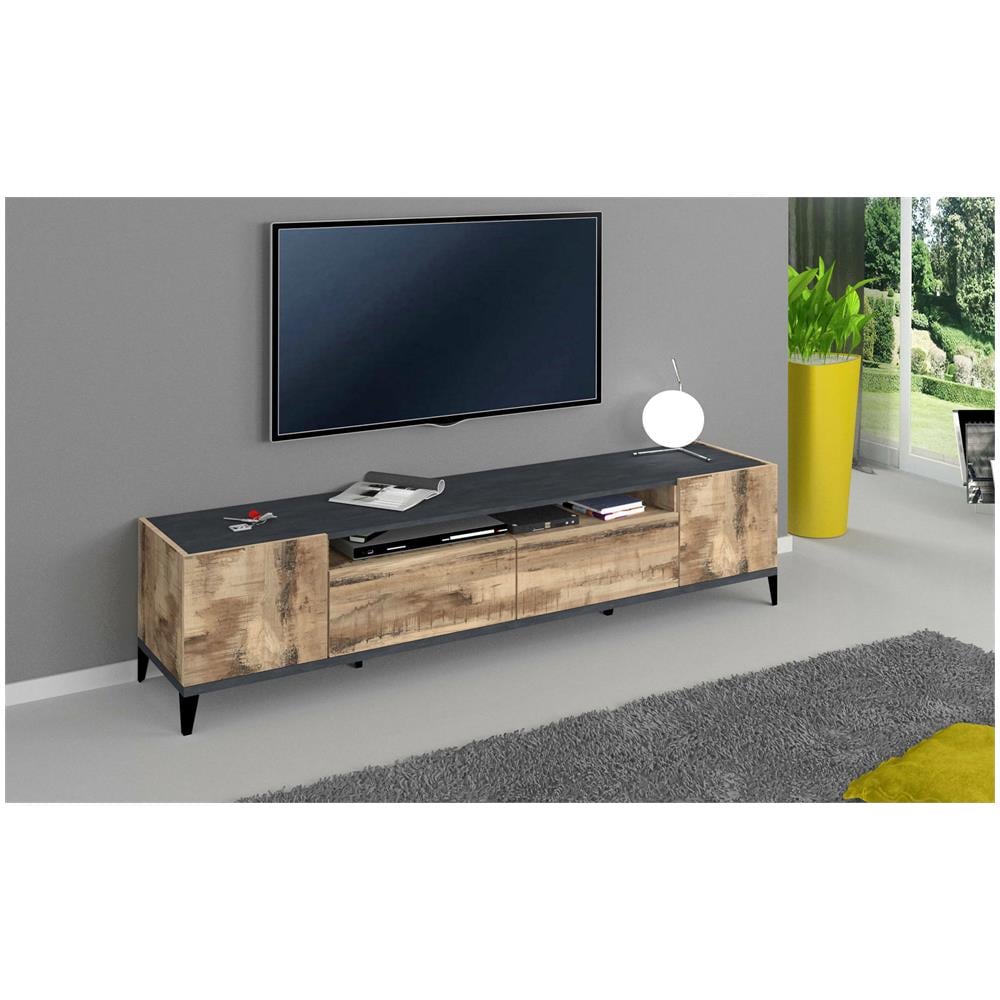 Mobile Porta Tv Raffaele, Credenza Bassa Da Soggiorno A 2 Ante, Base Porta Tv, 100% Made In Italy, Cm 200x40h47, Ardesia E Acero - Foto 1