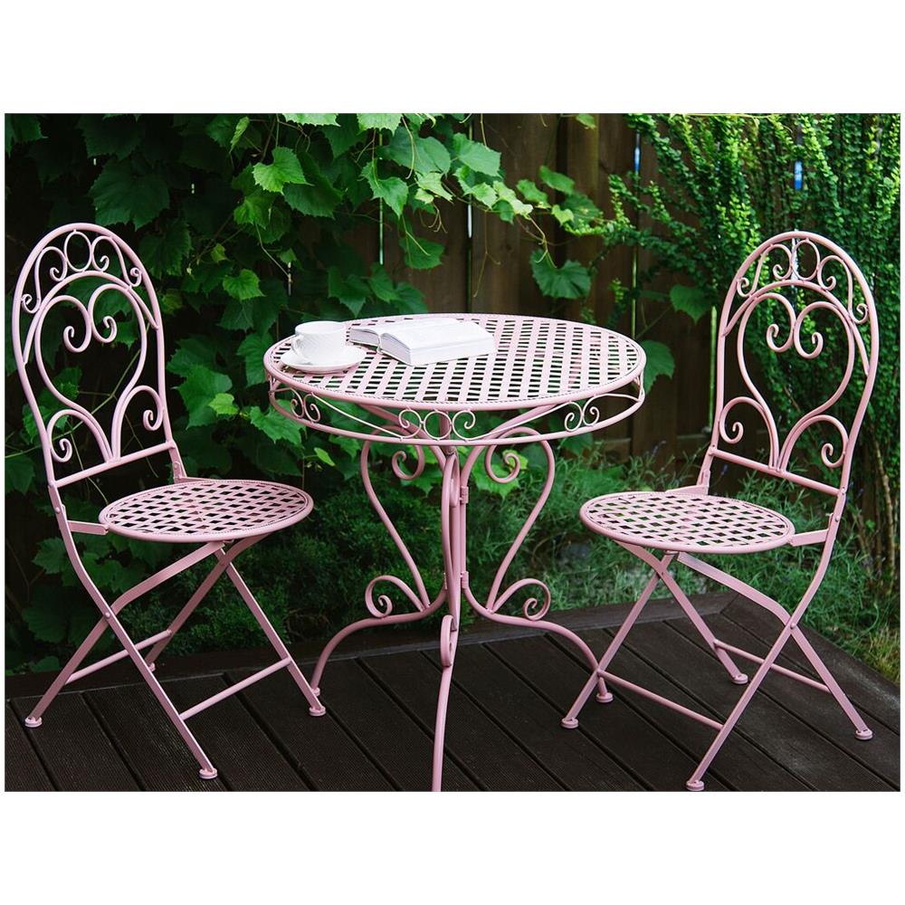 Set da Bistrot Vintage 3 Pezzi in Ferro Rosa con Tavolo e 2 Sedie Volute Traforate - Foto 2
