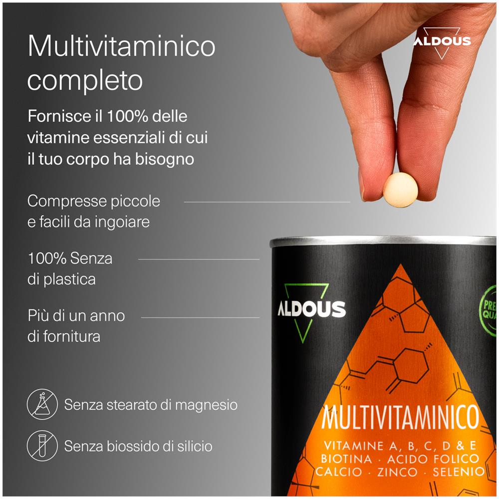 Multivitaminico Aldous | 500 compresse | Vitamina C, D, E, A, Vitamine del gruppo B, Biotina, Acido folico, Calcio, Zinco, Selenio - Foto 2
