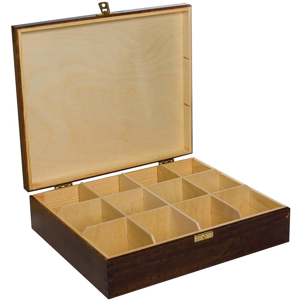 Marrone Scatola Porta Tè E Tisane In Legno | 12 Scomparti | 29 X 25 X 7,5 Cm | Tè Bustine | Coperchio | Serratura | Divisori Rimovibili | Perfetta Per Decoupage, Stoccaggio, Regalo - Foto 1
