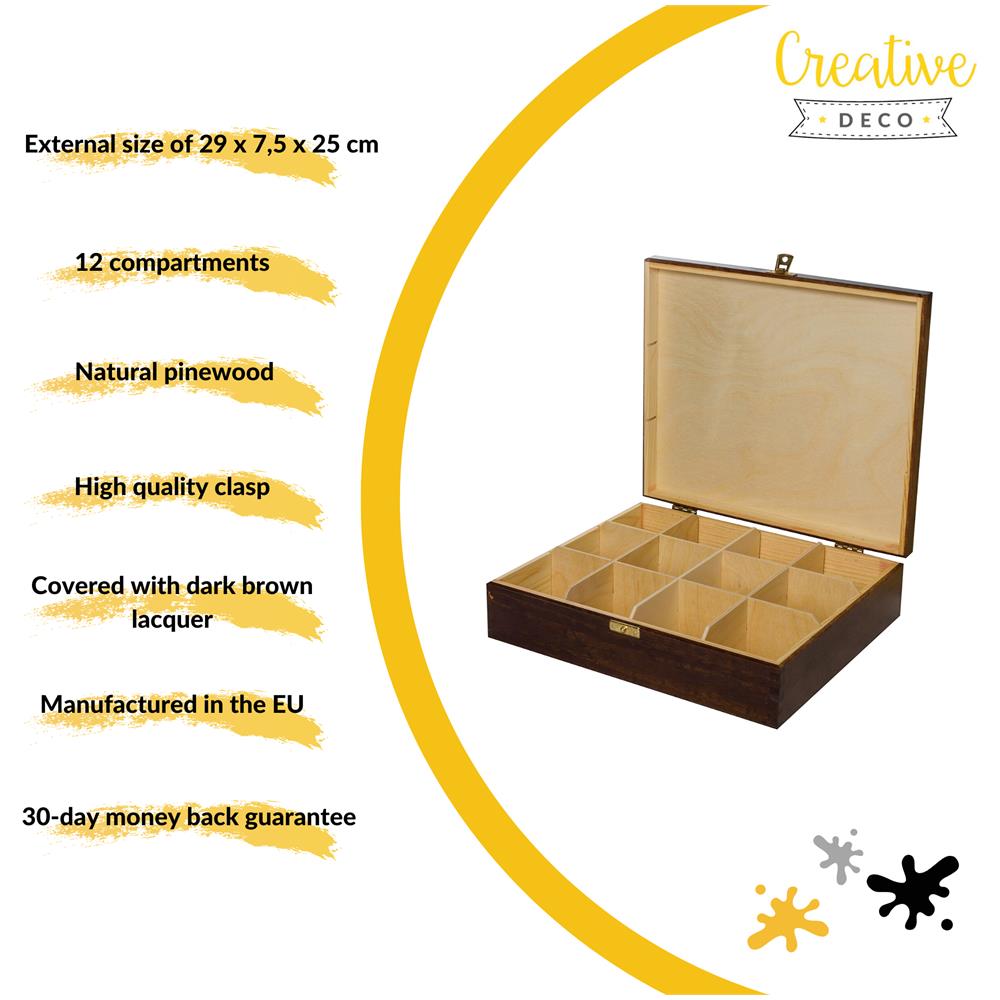 Marrone Scatola Porta Tè E Tisane In Legno | 12 Scomparti | 29 X 25 X 7,5 Cm | Tè Bustine | Coperchio | Serratura | Divisori Rimovibili | Perfetta Per Decoupage, Stoccaggio, Regalo - Foto 2