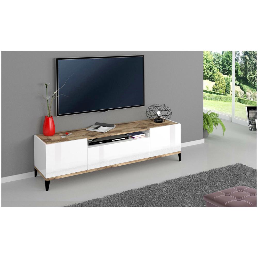 Mobile Porta Tv Ivan, Credenza Bassa Da Soggiorno A 2 Ante, Base Porta Tv, 100% Made In Italy, Cm 160x40h47, Bianco Lucido E Acero - Foto 1