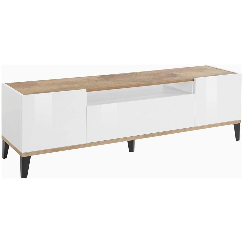 Mobile Porta Tv Ivan, Credenza Bassa Da Soggiorno A 2 Ante, Base Porta Tv, 100% Made In Italy, Cm 160x40h47, Bianco Lucido E Acero - Foto 2