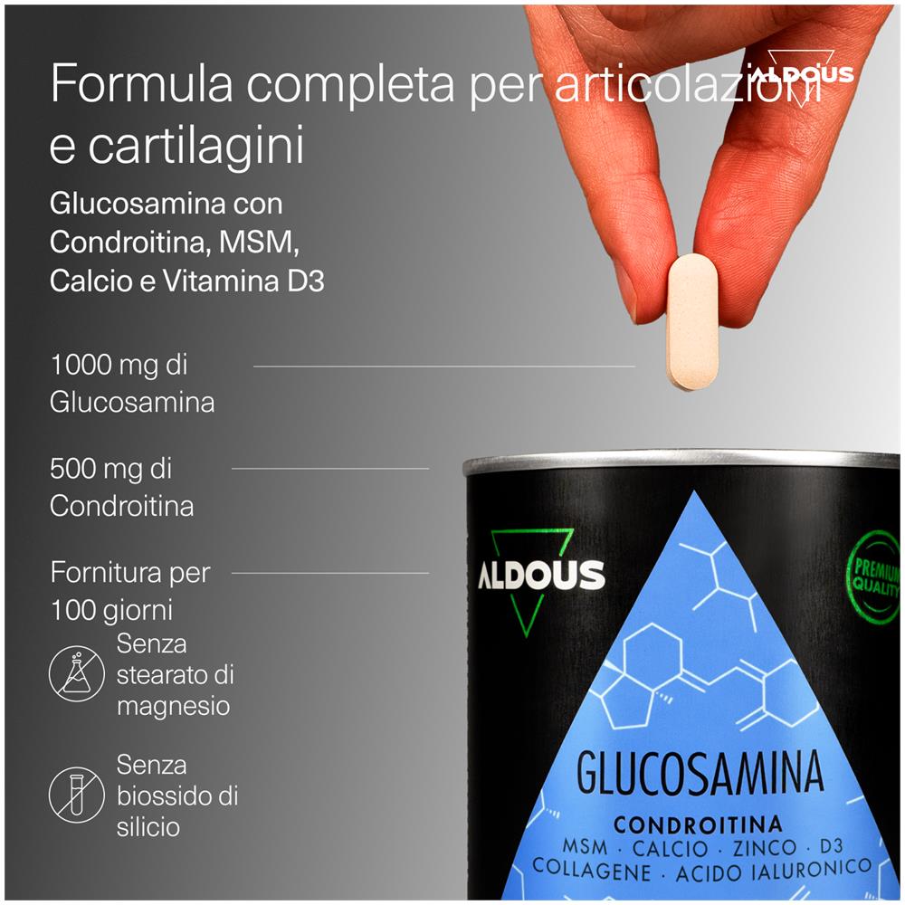 Glucosamina, condroitina, MSM, collagene, acido ialuronico, zinco, calcio e vitamina D3 | 200 compresse | Aldous - Foto 2