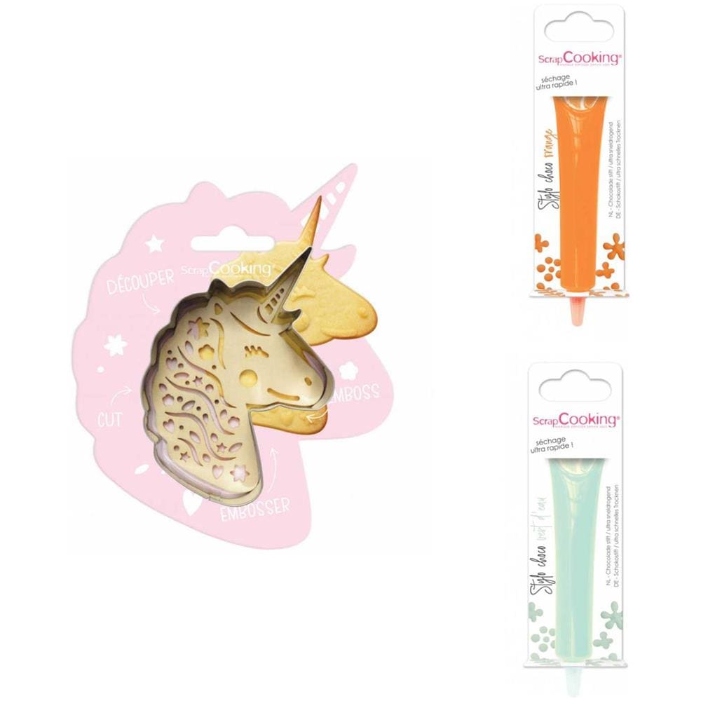 Kit Biscotti Unicorno + 2 Penne Al Cioccolato Arancione E Verde - Foto 1