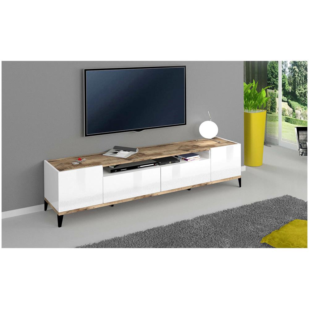 Mobile Porta Tv Raffaele, Credenza Bassa Da Soggiorno A 2 Ante, Base Porta Tv, 100% Made In Italy, Cm 200x40h47, Bianco Lucido E Acero - Foto 1