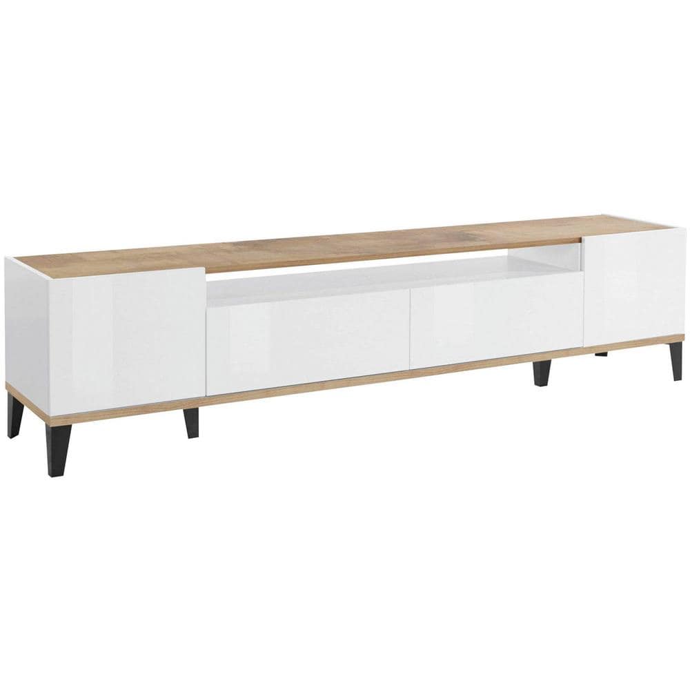 Mobile Porta Tv Raffaele, Credenza Bassa Da Soggiorno A 2 Ante, Base Porta Tv, 100% Made In Italy, Cm 200x40h47, Bianco Lucido E Acero - Foto 2