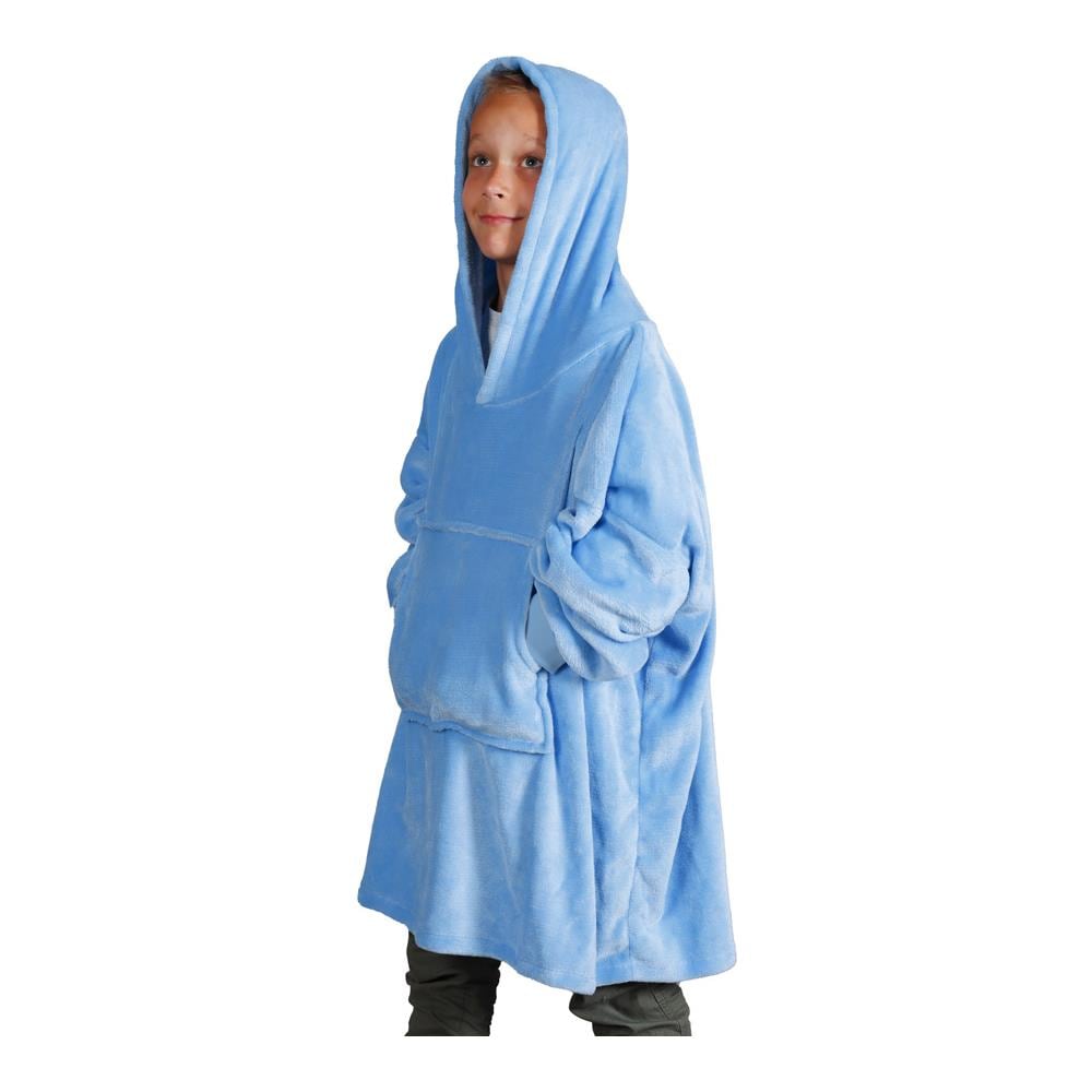 Felpa Plaid Bambini Coperta Calda Inverno Con Tasca Cappuccio Tinta Unita Brighton Felpone Azzurro - Foto 1