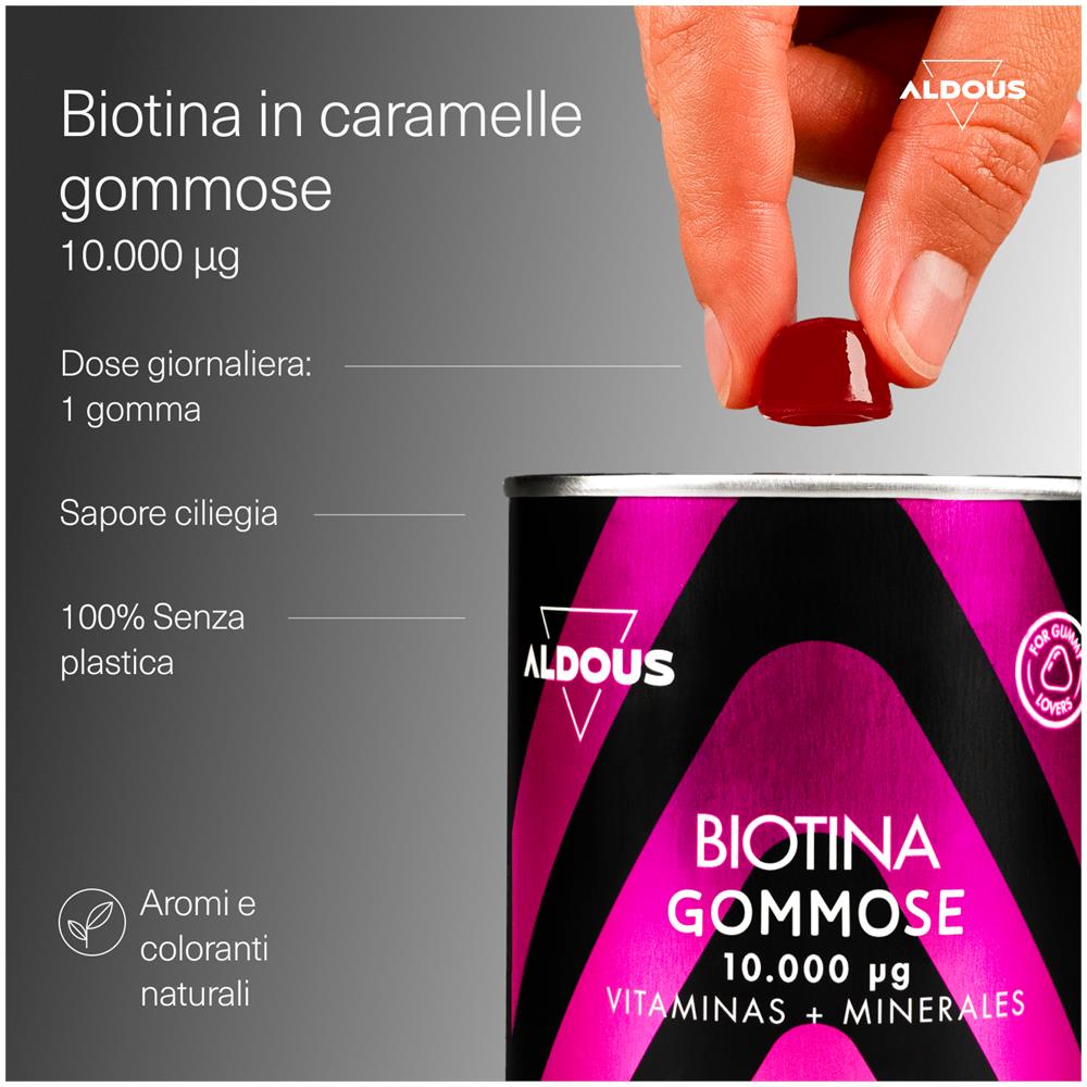Biotina 10.000 mcg Aldous Gummies | con acido folico, zinco, selenio, iodio e vitamine | 120 caramelle gommose - Foto 2