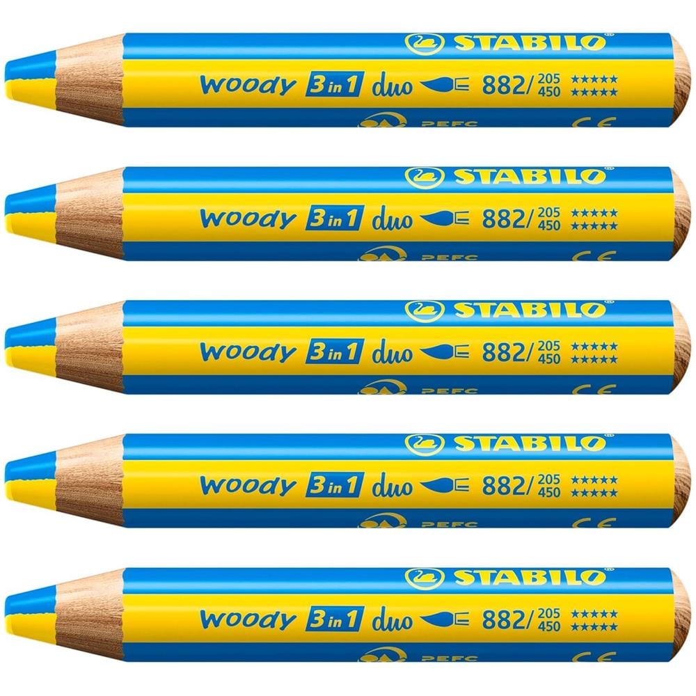 woody 3 in 1 duo - Matita colorata Multi-Funzione - Mina a 2 Colori - Confezione da 5 - Giallo /Blu Chiaro - Foto 1