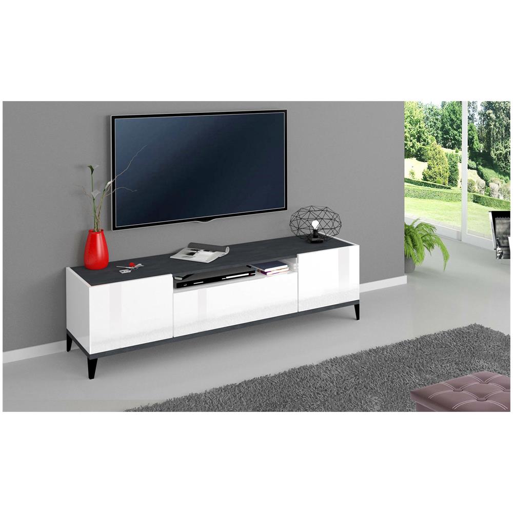 Mobile Porta Tv Ivan, Credenza Bassa Da Soggiorno A 2 Ante, Base Porta Tv, 100% Made In Italy, Cm 160x40h47, Bianco Lucido E Ardesia - Foto 1