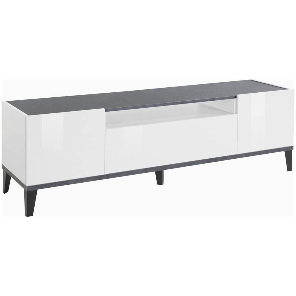 Mobile Porta Tv Ivan, Credenza Bassa Da Soggiorno A 2 Ante, Base Porta Tv, 100% Made In Italy, Cm 160x40h47, Bianco Lucido E Ardesia - Foto 2