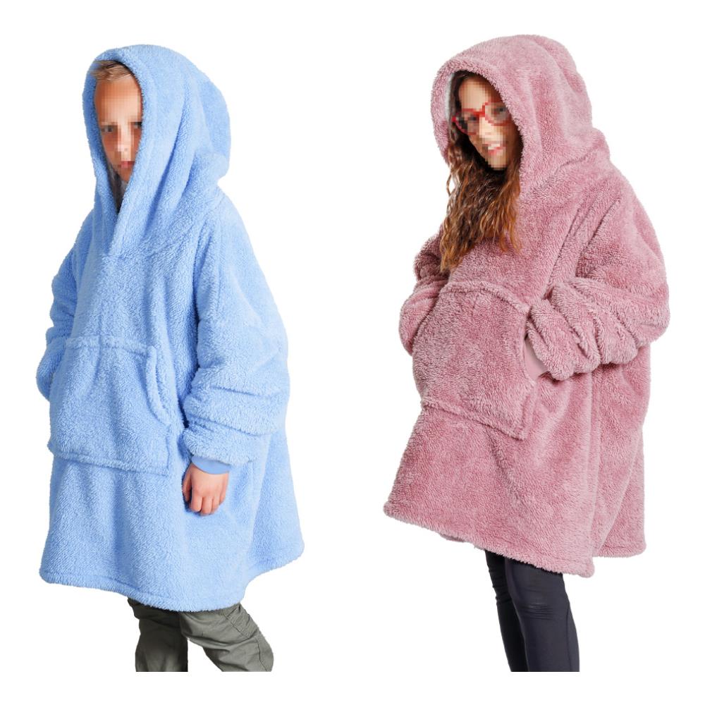 Felpa Plaid Bambini Coperta Agnellata Sherpa Con Tasca Inverno Tinta Unita Midlands Felpone Azzurro - Foto 2