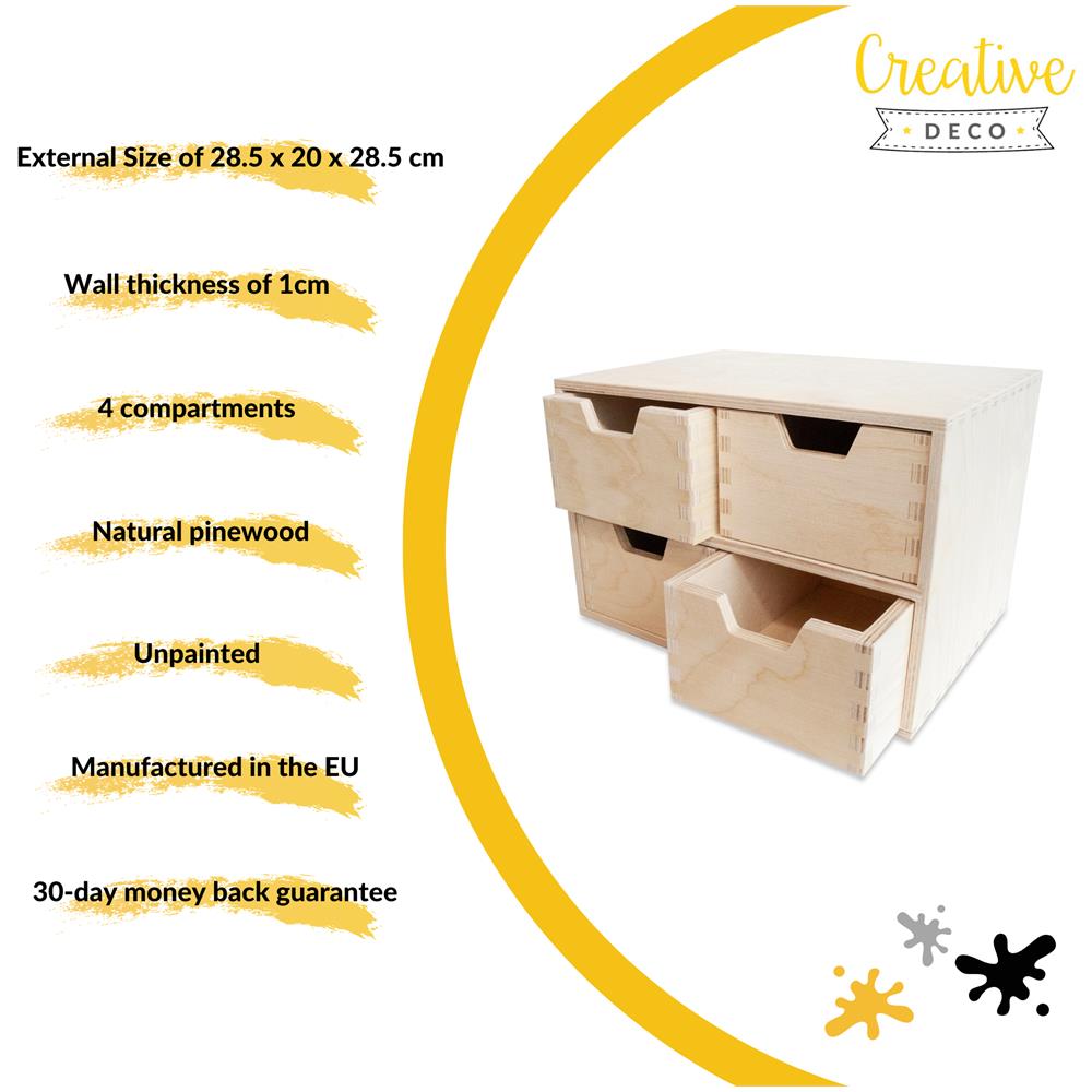 Mini Cassettiera In Legno | 4 Cassetti | 28,5 X 20 X 19 Cm (+ / - 1 Cm) | Scatola Armadio Di Stoccaggio | Compensato Non Verniciato | Perfetto Per Conservare, Decoupage E Decorazioni - Foto 5