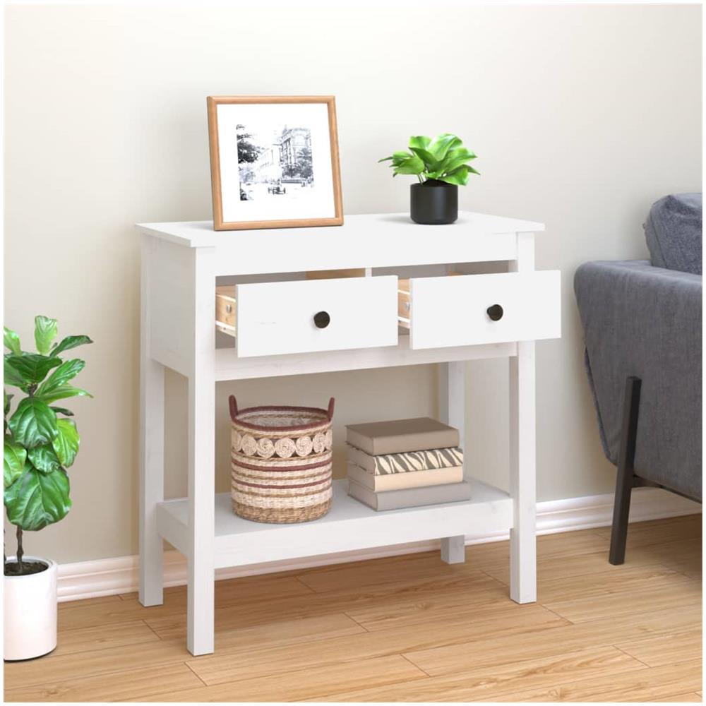 Tavolo Consolle Bianco 75x35x75 Cm In Legno Massello Di Pino - Foto 3