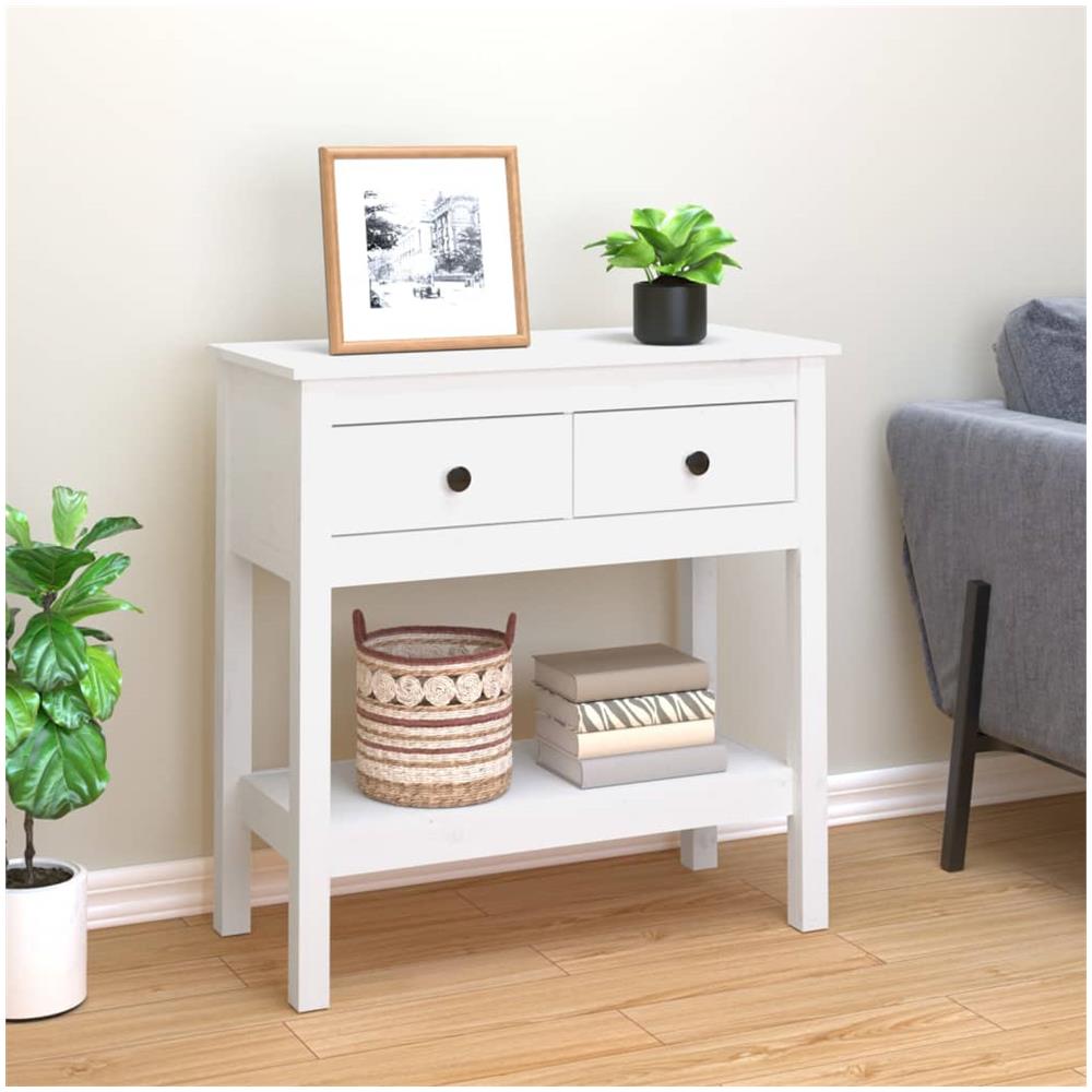 Tavolo Consolle Bianco 75x35x75 Cm In Legno Massello Di Pino - Foto 1