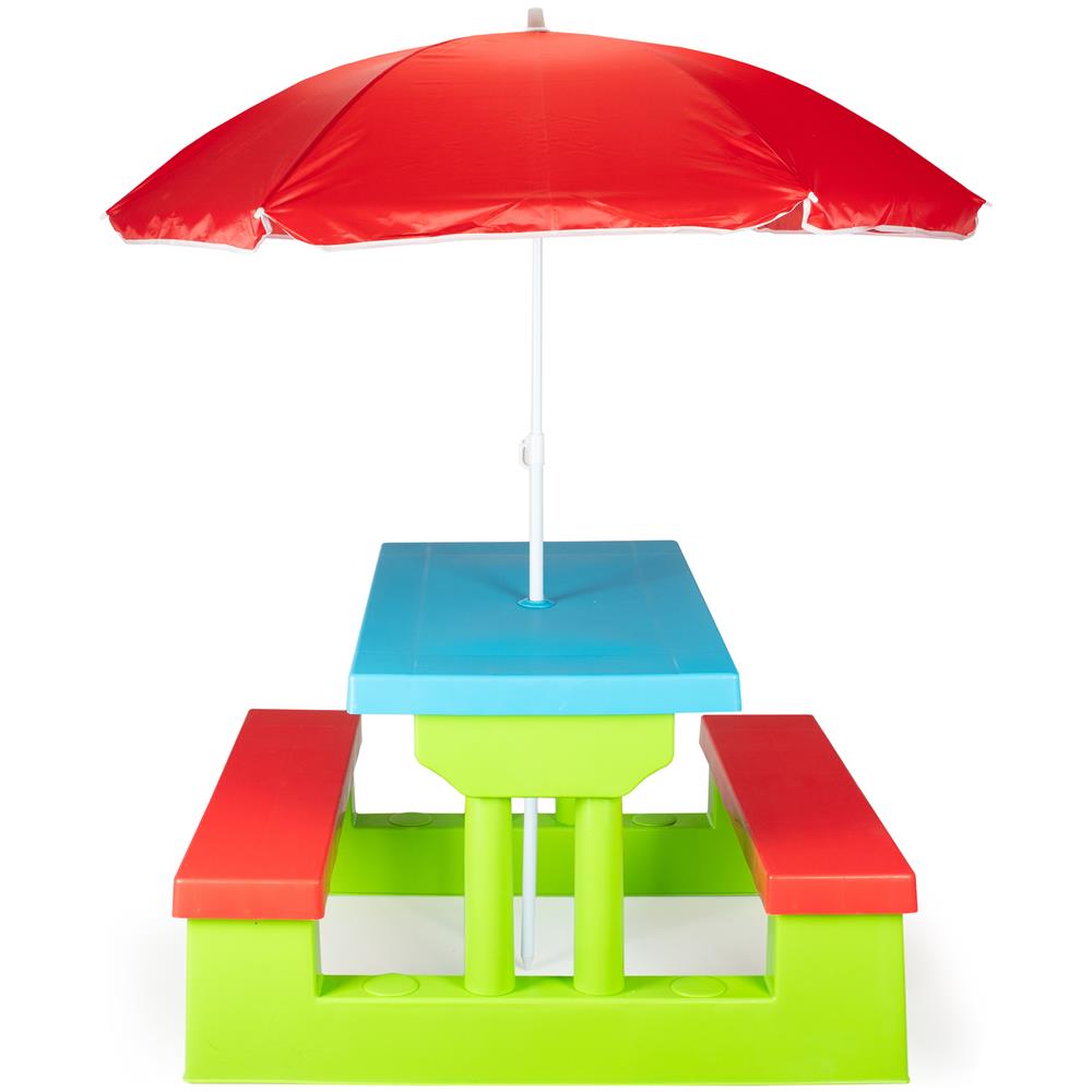 Tavolo picnic da giardino per bambini con ombrellone e panchine, verde e rosso - Foto 1