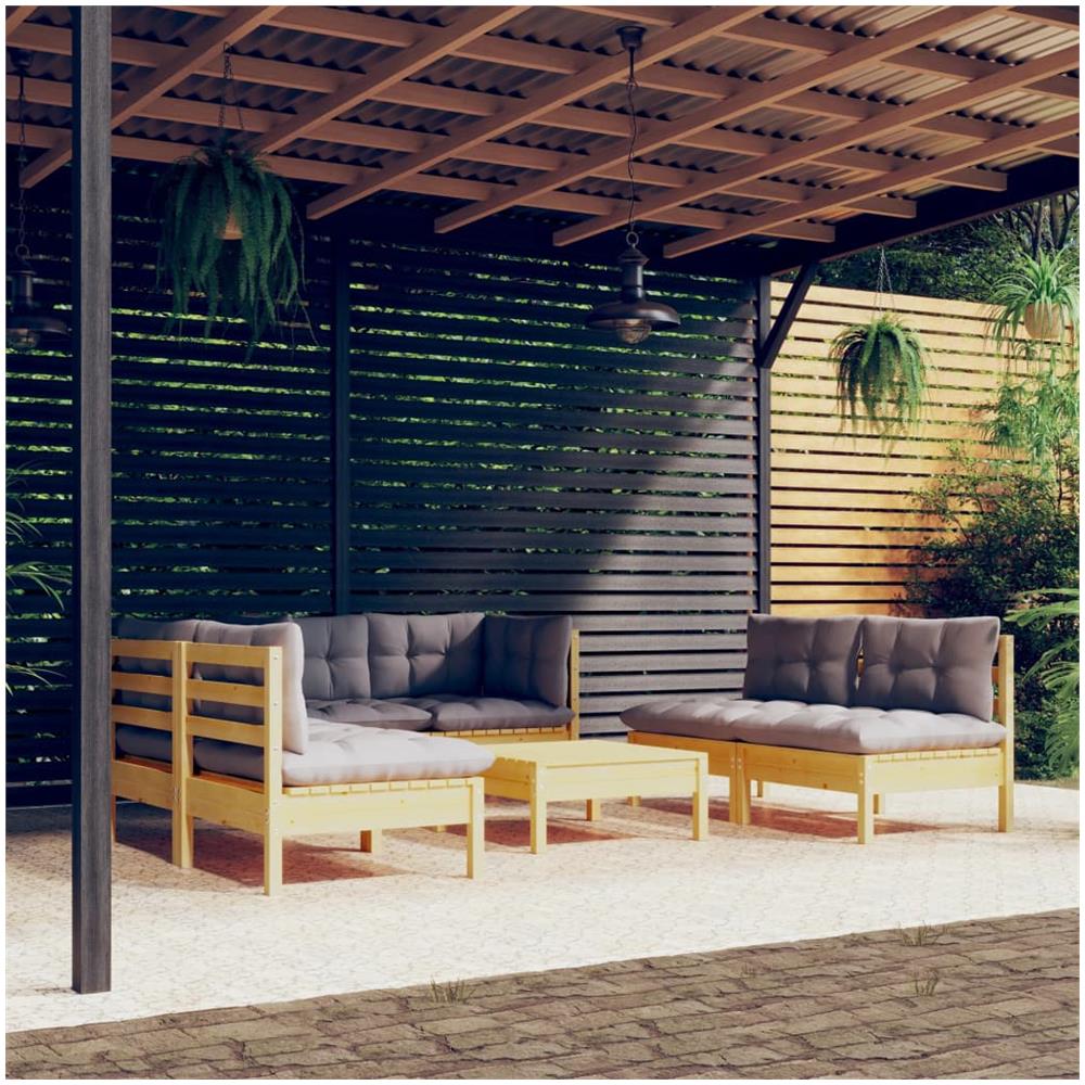 Set Divani Da Giardino 7 Pz Con Cuscini Grigi Massello Di Pino - Foto 1
