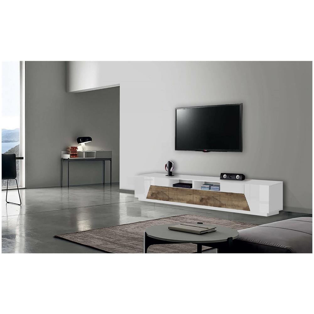 Mobile Porta Tv Gregorio, Credenza Bassa Da Soggiorno A 4 Ante, Base Porta Tv, 100% Made In Italy, Cm 260x43h46, Bianco Lucido E Acero - Foto 1