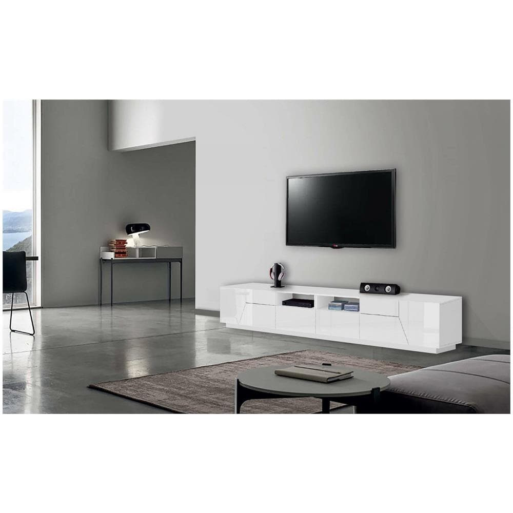 Mobile Porta Tv Gregorio, Credenza Bassa Da Soggiorno A 4 Ante, Base Porta Tv, 100% Made In Italy, Cm 260x43h46, Bianco Lucido - Foto 1