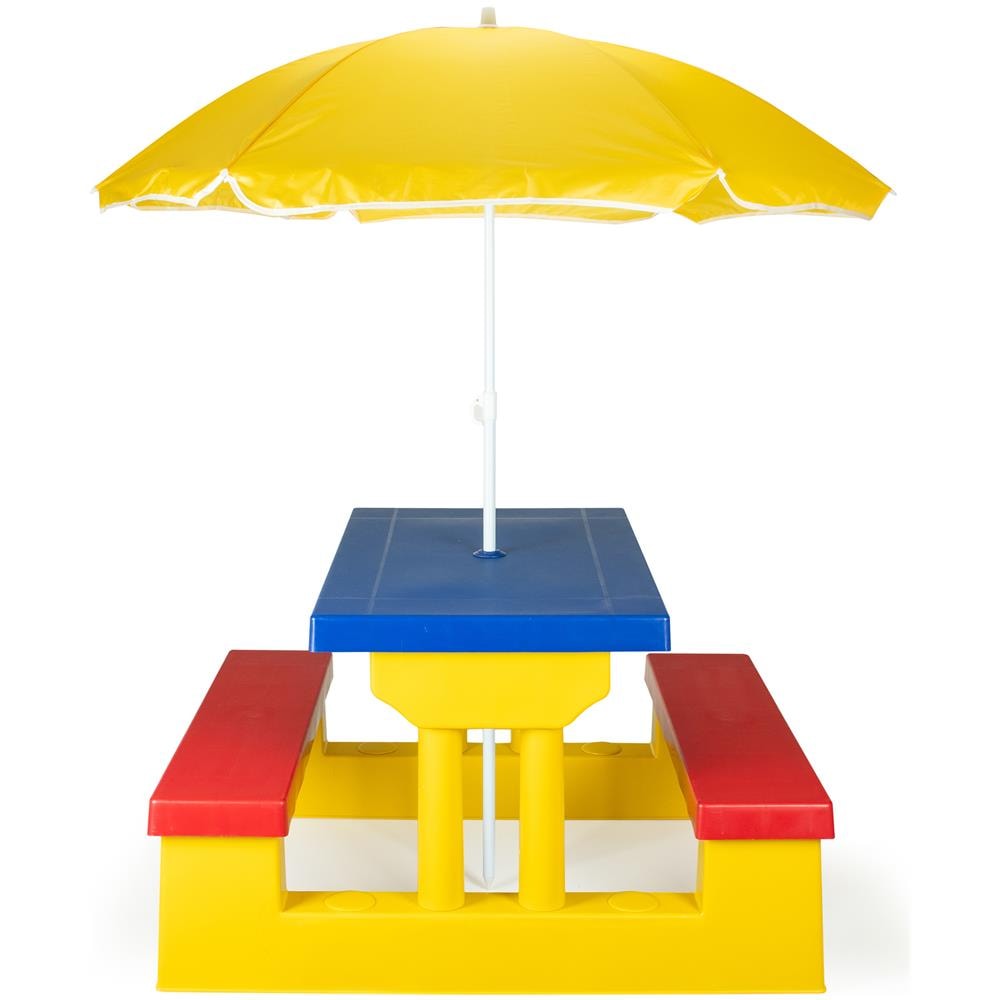 Tavolo picnic da giardino per bambini con ombrellone e panchina, giallo, blu e rosso - Foto 1