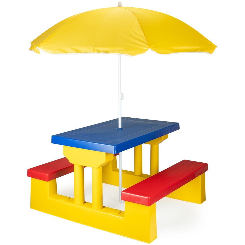 Tavolo picnic da giardino per bambini con ombrellone e panchina, giallo, blu e rosso - Foto 2