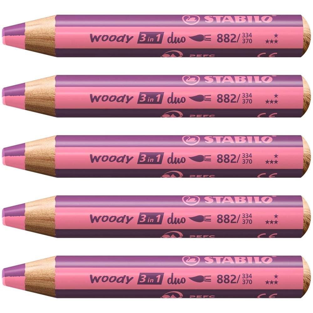 woody 3 in 1 duo - Matita colorata Multi-Funzione - Mina a 2 Colori - Confezione da 5 - Rosa /Lilla - Foto 1