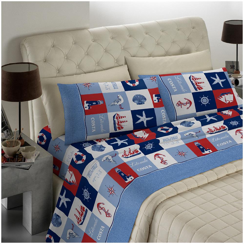 Banzaii - Completo Lenzuola Made In Italy 100% Cotone Pettinato Maxi  Per Materasso 180 Cm Altezza Fino A 35 Cm Marinaro Blu 8051972158055