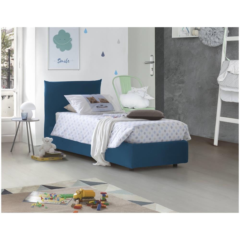 Letto Singolo Clarissa, Letto Contenitore Con Rivestimento In Tessuto, 100% Made In Italy, Apertura Frontale, Adatto Per Materasso Cm 80x190, Blu - Foto 1