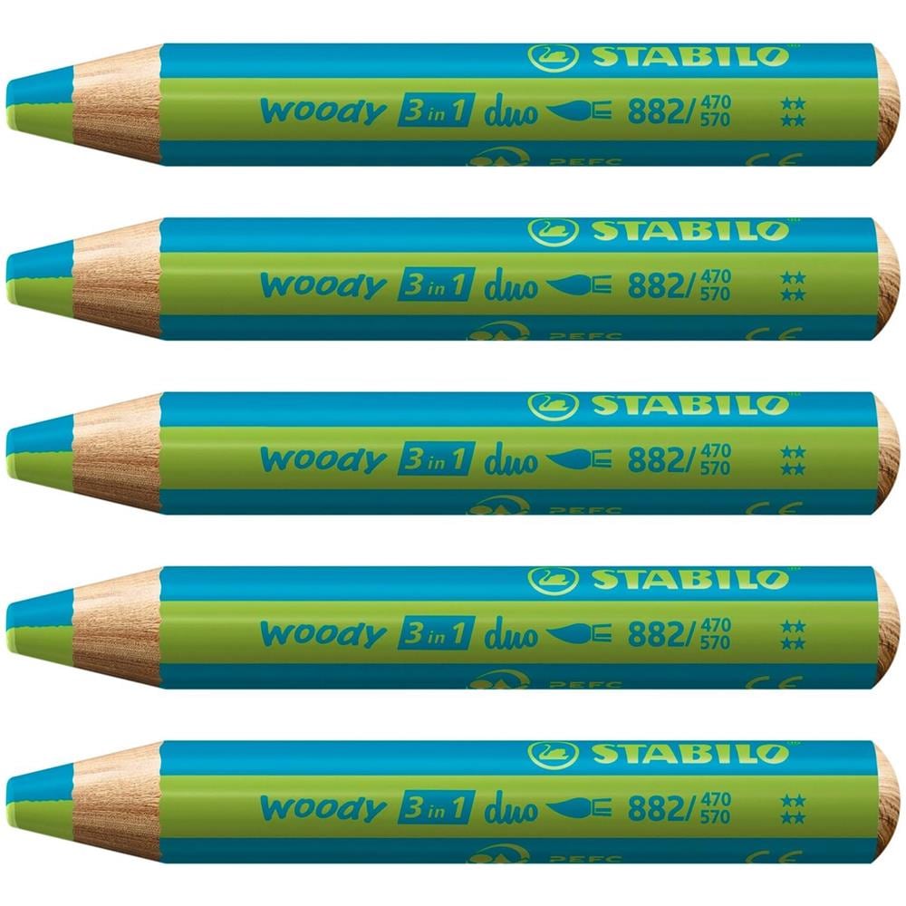 woody 3 in 1 duo - Matita colorata Multi-Funzione - Mina a 2 Colori - Confezione da 5 - Turchese /Verde Foglia - Foto 1