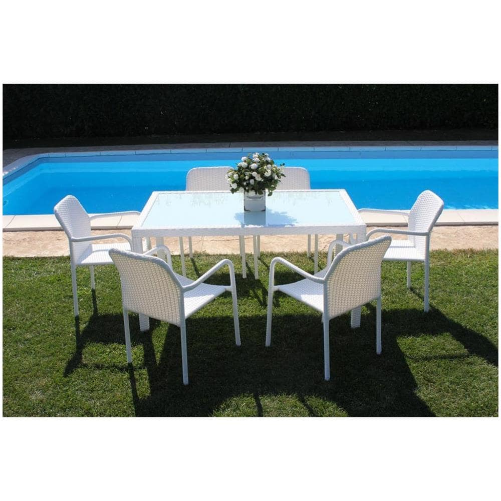 Set Tavolo Rettangolare Fisso Con Piano In Vetro 150 X 90 Con 6 Poltrone In Wicker Bianco Intreccio Sintetico Da Esterno - Foto 1