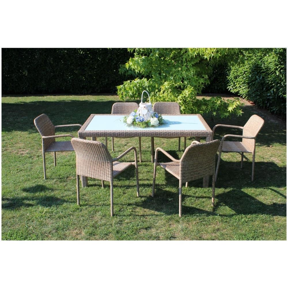 Set Tavolo Rettangolare Fisso Con Piano In Vetro 150 X 90 Con 6 Poltrone In Wicker Bianco Intreccio Sintetico Da Esterno - Foto 2